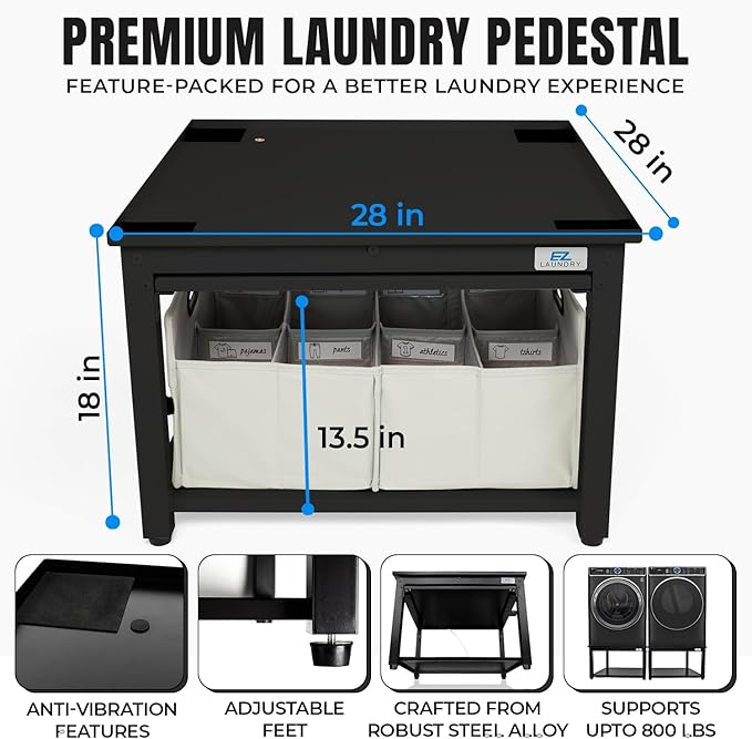 Washer and Dryer Pedestals with Pullout-Shelf - 28" W, 18" H, Black Steel Universal Fit with Major Brands | Laundry Pedestal with Drain Pan & Hose | Washer Stand for Back Pain Relief, 800 lbs Capacity