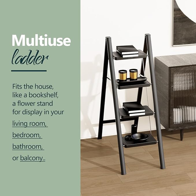 WOA WOA 4 Step Ladder, Folding Step Stool with Non-Slip Pedals, Portable Stepping Stool Household, Sturdy Steel Ladder, Space Saving for Kitchen, Anti Skid Feet, Support 330lbs - Black