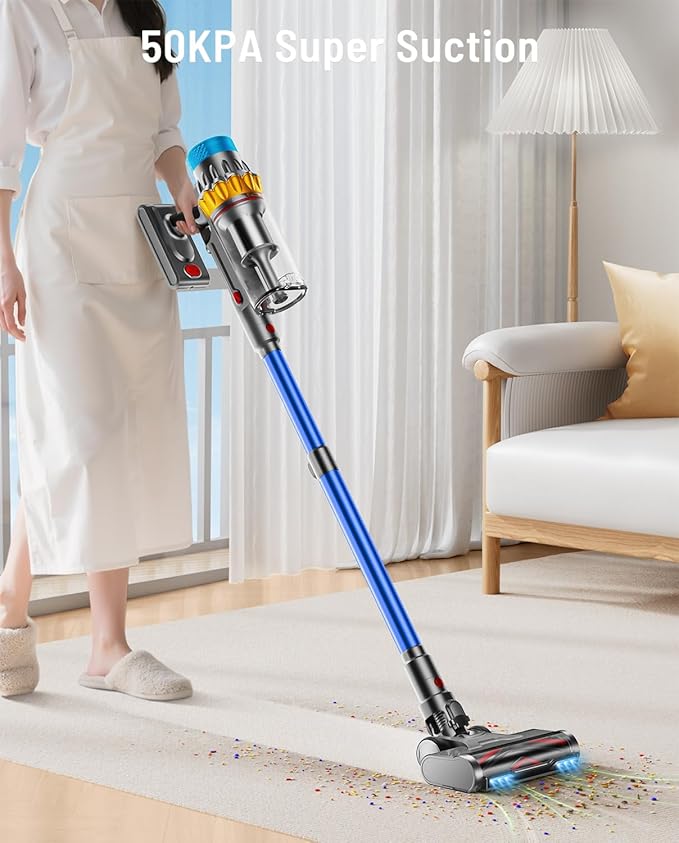 Cordless Vacuum Cleaner, 600W 50KPA 65Min Powerful Vacuum Cleaners for Home, Self-Standing Stick Vacuum Cordless Rechargeable/ Anti-Tangle/OLED Screen/1.8L Cup for Home Pet Hair/Carpet/Hardwood Floor