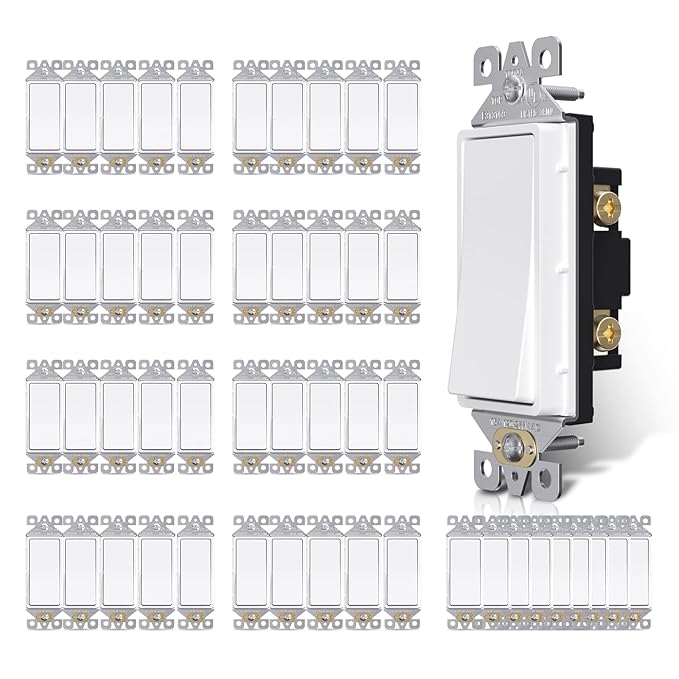 AIDA Single Pole Rocker Decorator Light Switch, 15 Amp Self-grounding Electrical Light Switches, Wall Plate Included, Residential Grade, UL Listed (50 Pack, Matte White)
