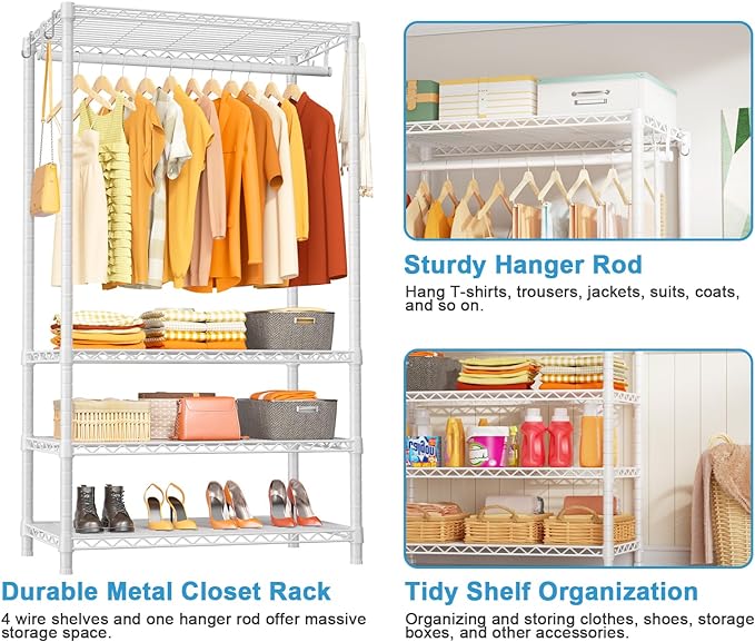 Ulif H4 Portable Closets, 4-Tier Metal Clothes Garment Rack for Bedroom and Cloakroom, Clothing Closet Storage and Organizer Wardrobe, 35.4" W x 14" D x 76.4" H, White