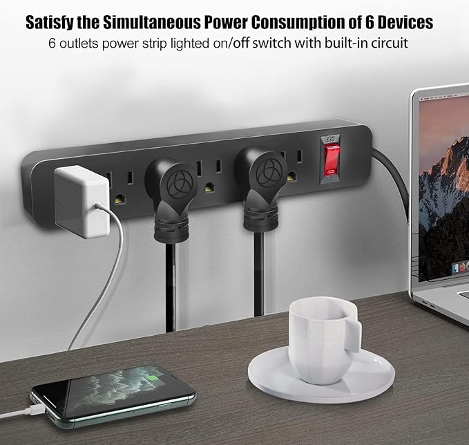 EXTRASTAR 6 Ft Extension Cord, 6 Outlets Power Strip,15A Build-in Circuit Breaker, 1875W, Mountable, Thin Flat Plug, Desktop Charging Station for Home School Office, Black