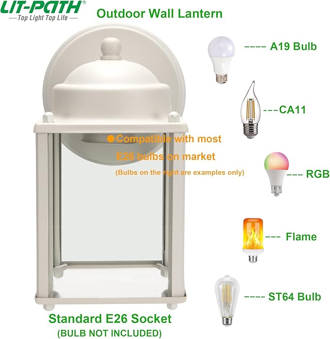 LIT-PaTH Outdoor Wall Lantern, Wall Sconce as Porch Lighting Fixture, E26 Medium Base, Aluminum Housing Plus Glass, Bulbs NOT Included, 2-Pack, White Finish