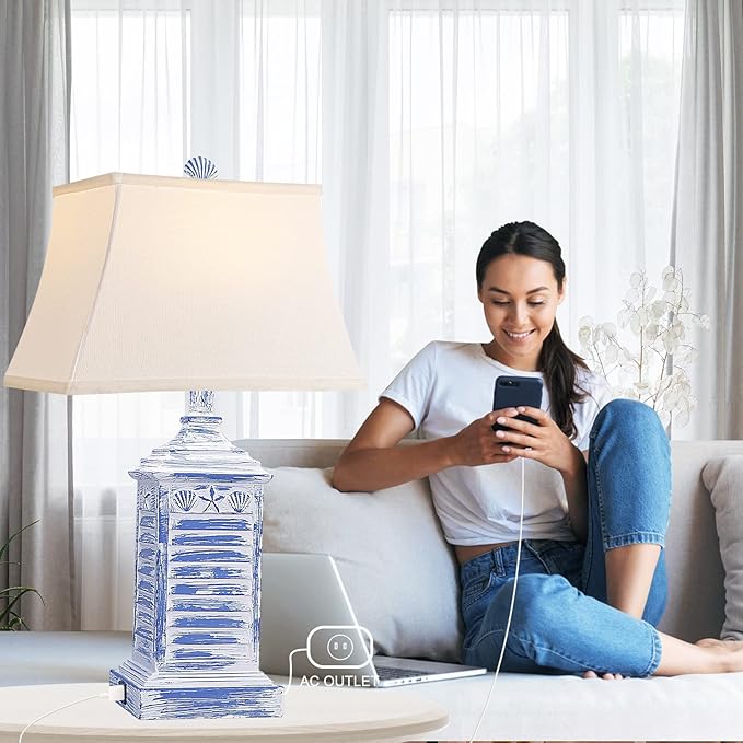 Coastal Table Lamps for Bedrooms Set of 2 Farmhouse Bedside Lamp for Living Room Modern 3-Color Temperature Blue Washed Nightstand End Tables Lamp with USB Ports and AC Outlet (Bulbs Included)