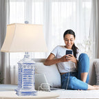 Coastal Table Lamps for Bedrooms Set of 2 Farmhouse Bedside Lamp for Living Room Modern 3-Color Temperature Blue Washed Nightstand End Tables Lamp with USB Ports and AC Outlet (Bulbs Included)