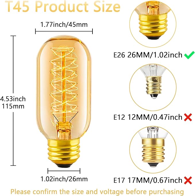 Edison Light Bulb 60w, 6 Pack Dimmable T45 Retro Bulb, 110v-130v, E26 Base Decorated Antique Filament Bulb, Amber Glass, 2200k Warm Yellow Incandescent Bulb, Used for Home Lighting