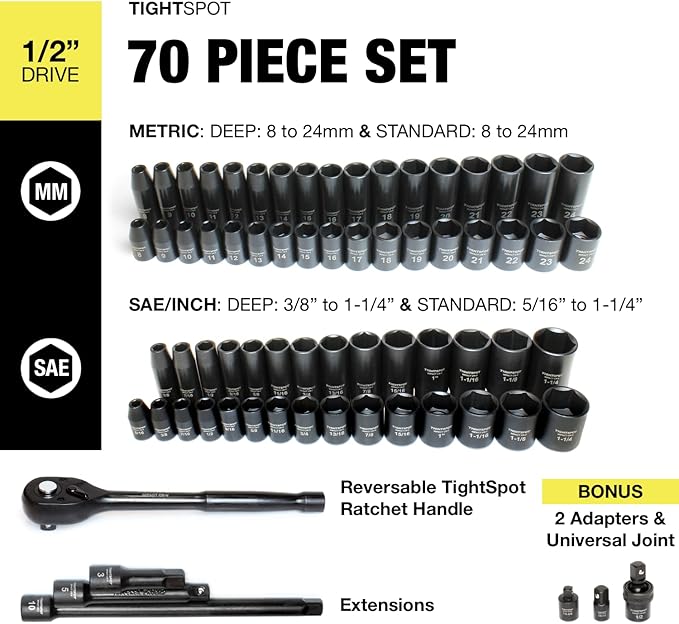 TIGHTSPOT 1/2" Drive 70pc Impact Socket MASTER SET with SAE & Metric from 5/16 Inch - 1-1/4 Inch, 8mm - 24mm, Standard/Deep Sockets with Extension Bars & Adapters & More