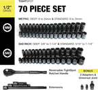 TIGHTSPOT 1/2" Drive 70pc Impact Socket MASTER SET with SAE & Metric from 5/16 Inch - 1-1/4 Inch, 8mm - 24mm, Standard/Deep Sockets with Extension Bars & Adapters & More