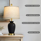 23" Set of 2 Black Ceramic Farmhouse Table Lamp with Ginger Jar Design, Bedside USB Lamps for Living Room,Dining Room,Bedroom,Office,Nightstand,End Table