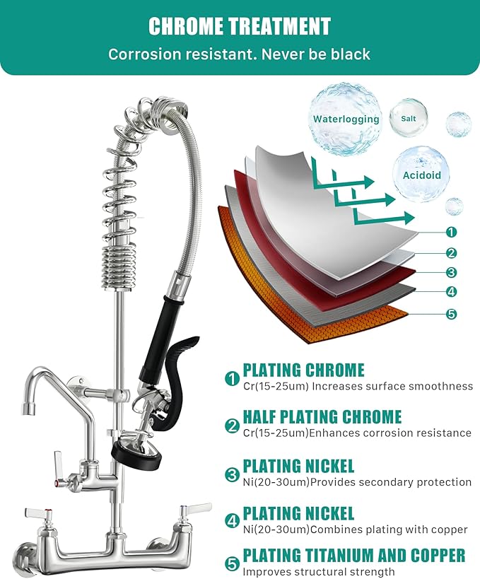 Commercial Kitchen Faucet Heavy Duty Wall Mount Sink Faucet, 8 Inch Center 25 Inch Commercial Kitchen Faucet with Pre-Rinse Sprayer （Black） and 10 Inch Add-On Spout for 1,2,3 Compartment Sinks