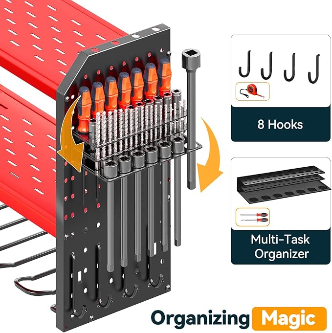 Warome Garage Power Tool Organizer with 8-Outlet Power Strip, Tool Storage Rack Wall Mount with 8 Cordless Drill Holders, Tool Organization Shelf with Charging Station in Red