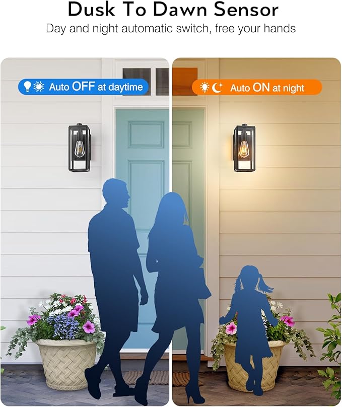 VIANIS Outdoor Wall Light Fixtures,Dusk to Dawn Outdoor Wall Lanterns,Anti-Rust Wall Mounted Lighting with Glass Shade, Black Wall Lamp with E26 Socket for Porch, 2 Pack