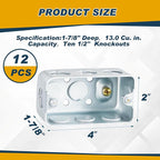 12 Pcs Electrical Box Junction Box Galvanized Steel Metal Electrical Boxes, 1/2'' and 3/4'' Knockouts, Drawn Construction, Silver (4 x 2 Inch,Rectangular)
