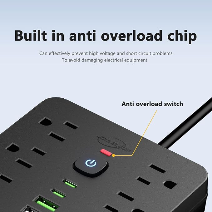 20 FT Flat Plug Surge Protector Power Strip,11 Multiple AC Outlets with 6 USB Ports (2 USB C), 20 Feet Extension Cord, 1250W/10A, One Touch Switch Button, 17 in 1 Compact powerstrip