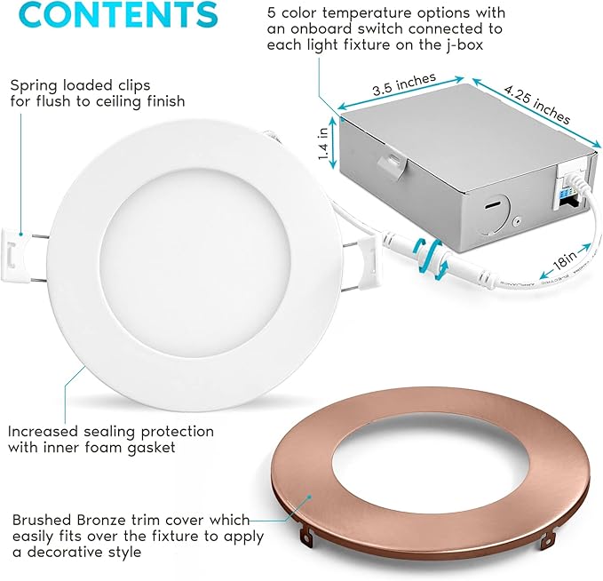 LUXRITE 4 Inch Ultra Thin LED Recessed Light with J-Box, 10W, 5 Color Options 2700K | 3000K | 3500K | 4000K | 5000K, Dimmable Wafer Lights, 750 Lumens, Copper Trim, Energy Star, IC Rated
