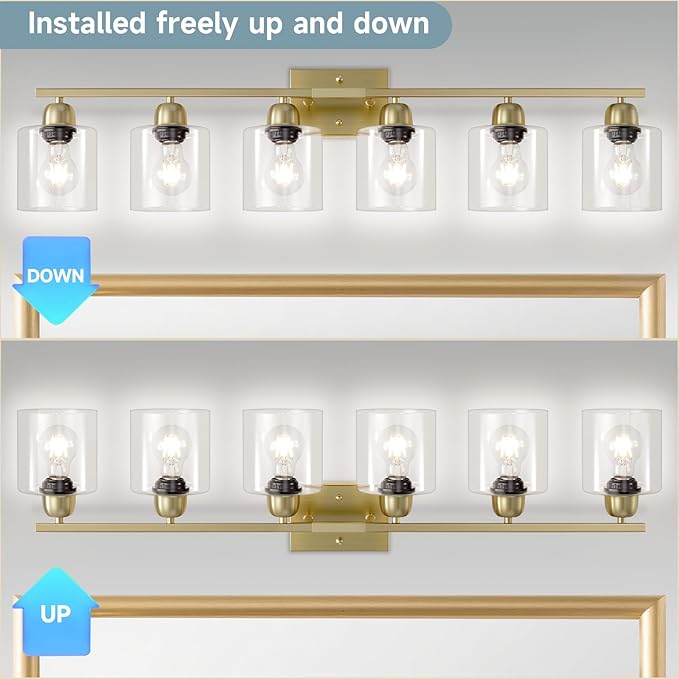 Modern Brushed Gold 6 Light Bathroom Light Fixtures,38 inch Vanity Lights for Bathroom with Clear Glass, Vanity Light for Mirror Kitchen Living Room Hallway Cabinet Porch