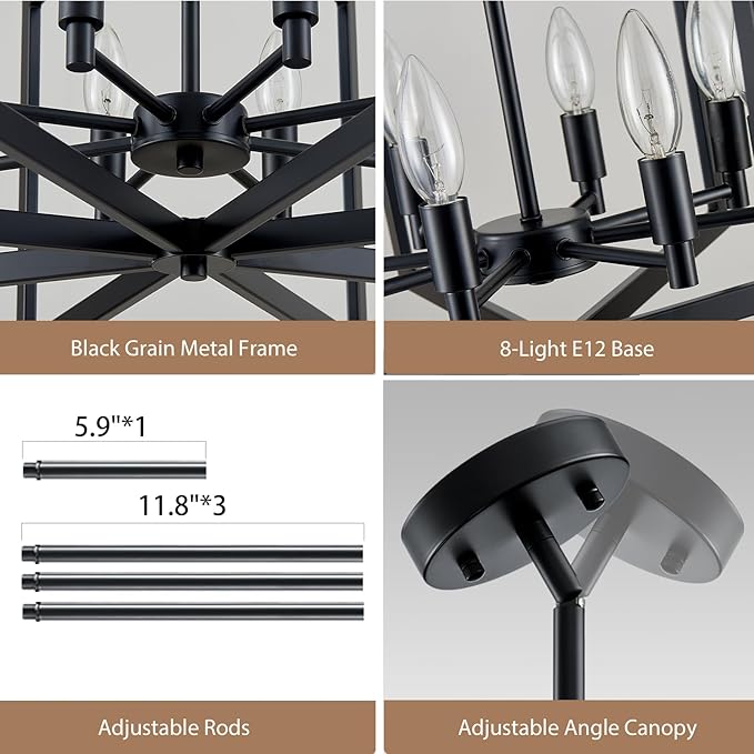 Black Chandelier 8-Light, 26" Modern Industrial Dining Room Light Fixture, Large Geometric Pendant Lighting for Living Room Kitchen Foyer Office, Large Hanging Chandelier