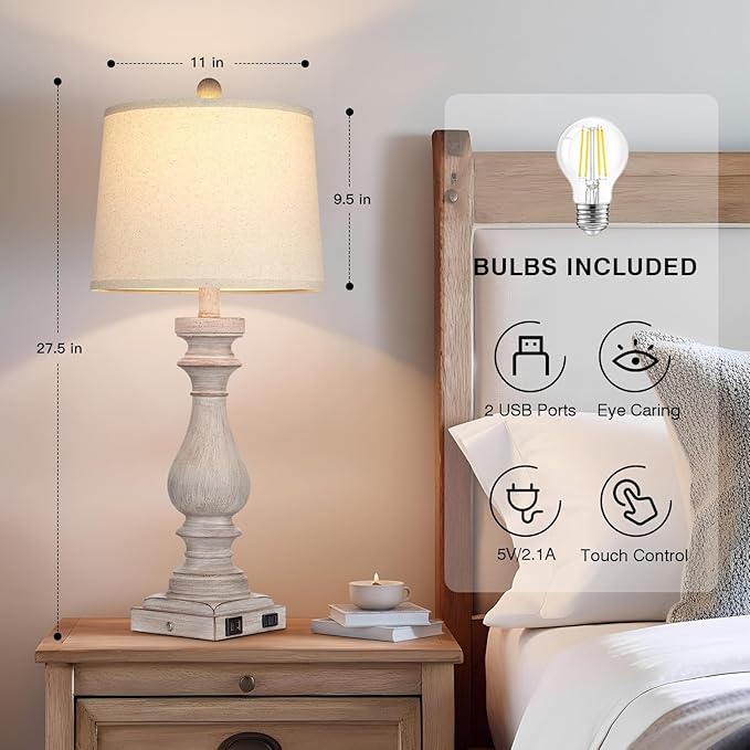 27.5" Farmhouse Table Lamp for Living Room,Vintage Bedside Lamp with USB C+A Ports & AC Outlet,3-Way Dimmable Touch Control Gray Washed Finish Nightstand for Bedroom, Single Gray