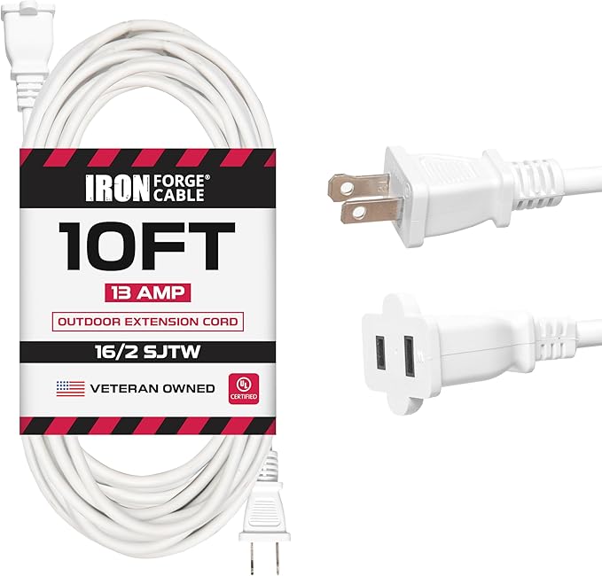 Iron Forge Cable 2 Prong Outdoor Extension Cord 10 ft, 16/2 SJTW 10 Foot White Extension Cord, Weatherproof - Great for Outdoor Lights, Deck, Patio