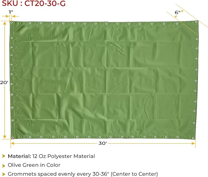 Mytee Products 20' x 30' 12oz Green Canvas Tarp with Grommets - Water Resistant - Heavy Duty Canvas Tarps - Multipurpose Tarpaulin Cover for Canopy Tent, Roof, Camping, Semi Trucks & Cargo