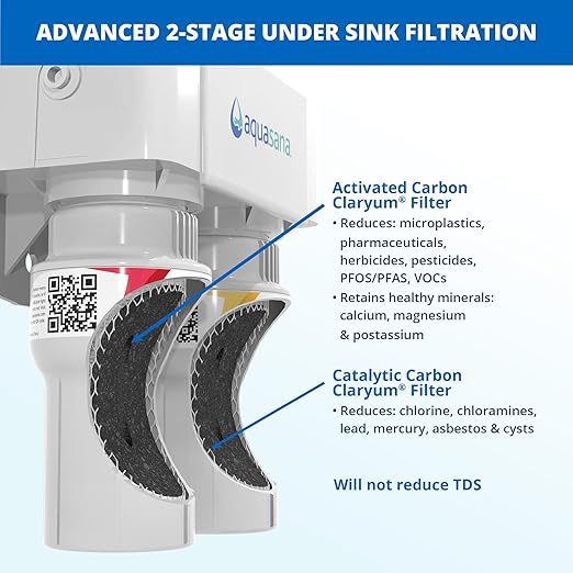 Aquasana Under Sink Water Filter System - Reduces PFAS, Lead, & Chlorine in Drinking Water - Under Counter Claryum Filtration for Kitchen - 2-Stage - Brushed Nickel Faucet - AQ-5200.55