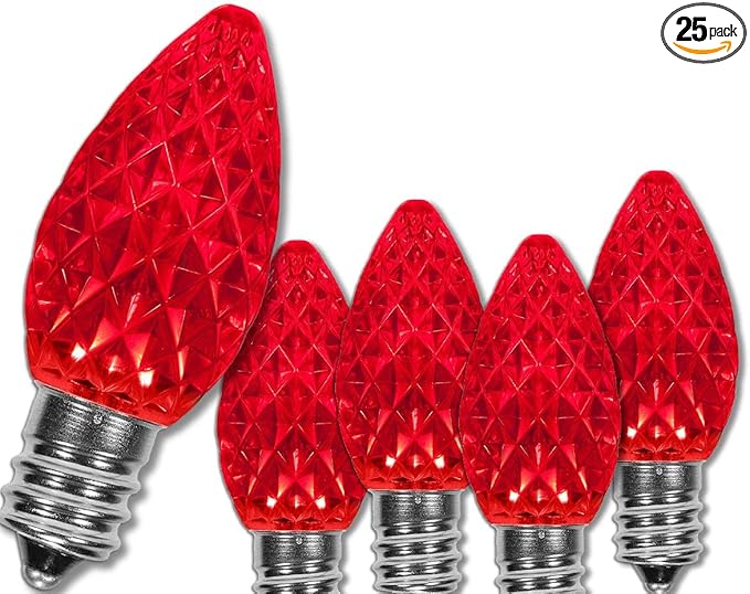 Wintergreen Lighting OptiCore C7 LED Christmas Light Bulbs - 25 Pack Heavy Duty Premium Outdoor Replacement LED Christmas Lights, E12 Base (Red Faceted)