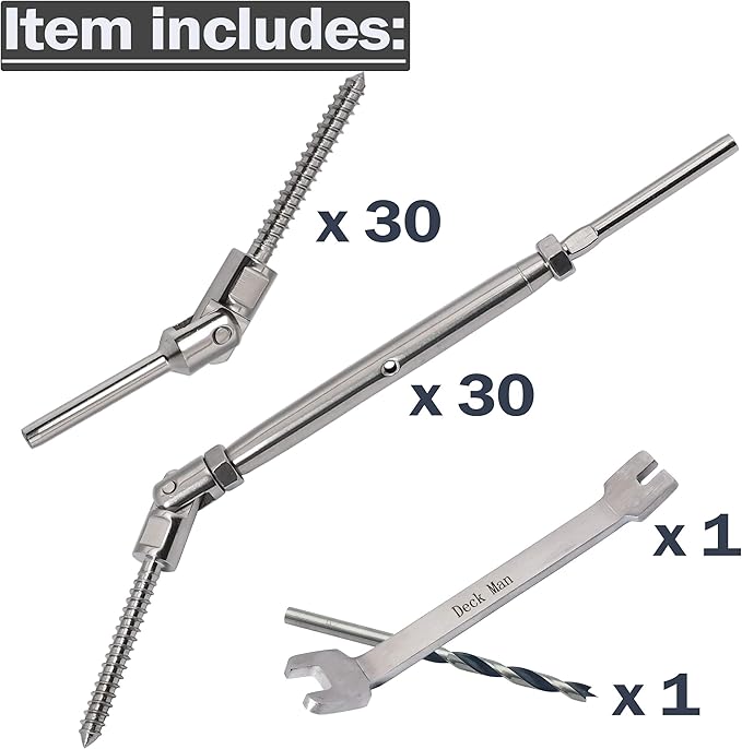 1/8 inch T316 Stainless Steel Adjustable Angle Single-Screw Cable Railing Kit/Hardware for Wood Posts，Marine Grade (30 Pairs)