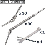 1/8 inch T316 Stainless Steel Adjustable Angle Single-Screw Cable Railing Kit/Hardware for Wood Posts，Marine Grade (30 Pairs)