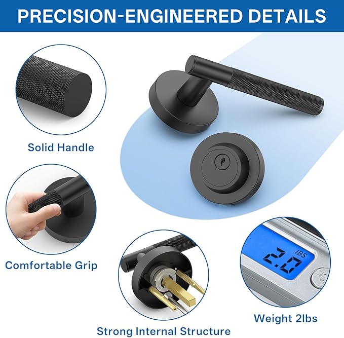 Amerdeco Front Door Lock Set with Double Cylinder Deadbolt, Black Exterior Entry Door Lever, Heavy Duty Entry Door Locksets for Left or Right Hand Exterior Door（Black 2 Pack）