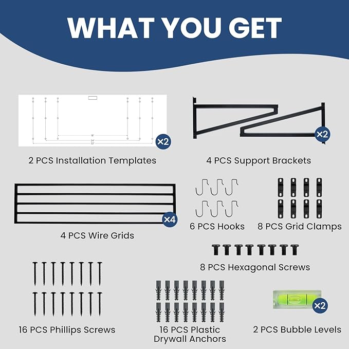 2-Pack Garage Wall Shelves, 2' x 4' Heavy Duty Wall Mounted Storage Rack with 6 Hooks, 500 lbs Capacity (250 lbs Each), Steel Garage Organization Shelving for Tools, Bins, and Power Equipment