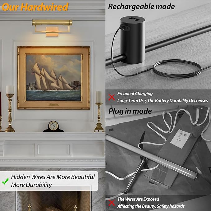 18in Picture Lights Hardwired Brass Picture Light, Gold Modern Picture Light for Wall, 360°Rotatable Art Light Gallery Lights, Wall Picture Lights Painting Light for Painting Display Artwork Portrait