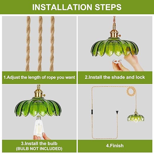 Plug in Pendant Light Fixture, Kylanle Green Glass Hanging Lamp with 14.7FT Cord On/Off Switch, Gold E26 Swag Light, Long Lasting Hanging Lamp Shade for Kitchen Island, Bedroom, Dining, Living Room