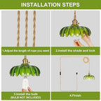 Plug in Pendant Light Fixture, Kylanle Green Glass Hanging Lamp with 14.7FT Cord On/Off Switch, Gold E26 Swag Light, Long Lasting Hanging Lamp Shade for Kitchen Island, Bedroom, Dining, Living Room