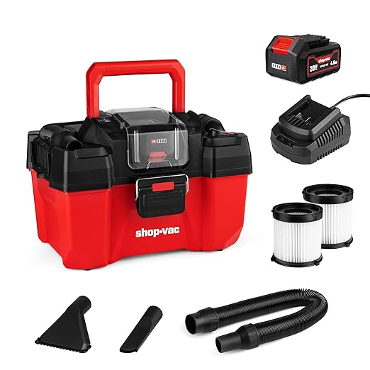 Shop-Vac 20V Cordless Wet/Dry Vacuum, 2.5-Gallon Tank, 5ft Hose, 4.0A Battery and Charger Included