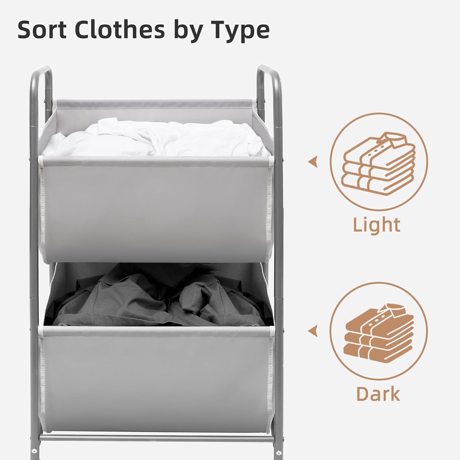 STORAGE MANIAC 80 Liters Vertical Rolling Laundry Hamper, 2 Section Laundry Sorter with Wheels and 2 Breaks, 2-tier Laundry Baskets for Small Space, Dorm, Laundry Room, Closet, Bathroom, Gray 2-tier