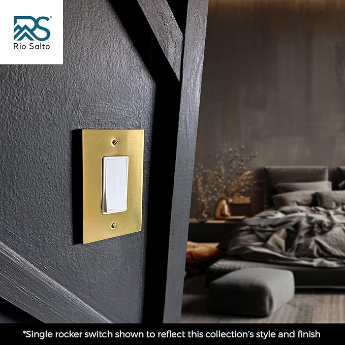 Rio Salto Modern Edge Metal Brass Gold Wall Outlet Cover or Light Switch Cover Rocker Decora Electrical Switch Covers Decorator Plug Wall Plate MIDSIZE Covers Gold (Rocker 1-Gang)