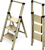 HillhutApex 3 Step Foldable Aluminum Step Ladder with Handgrip, Anti-Slip Pedal, 330 lbs Capacity, Lightweight & Portable for Home, Kitchen, Office, Garage (Gold)