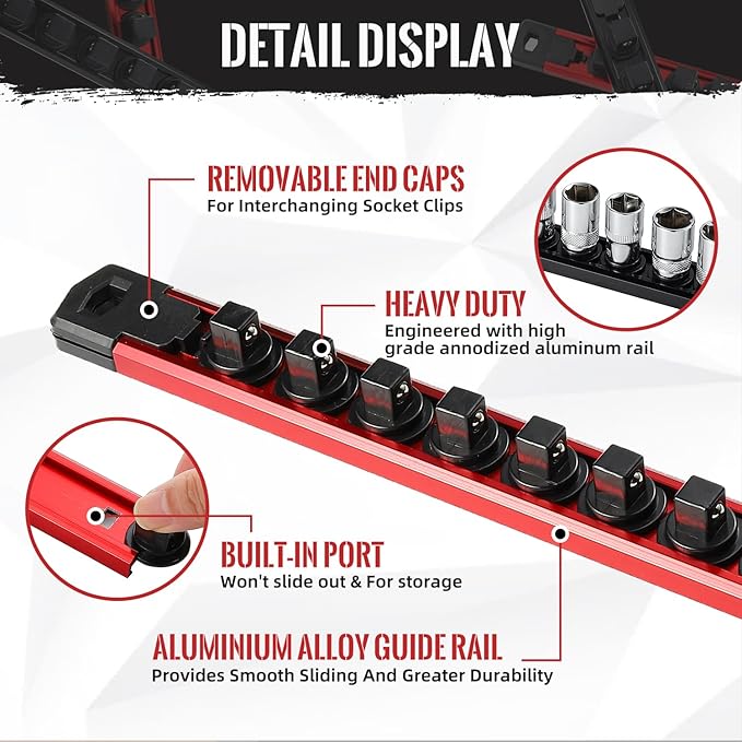 Magnetic Socket Organizer, 6-Piece Heavty Duty Aluminum Socket Holder, Socket Rail for Tool Box, Premium Quality 360° Swivel Socket Rack Kit with 80 Clips for 1/2, 3/8, 1/4-Inch(Red&Black)