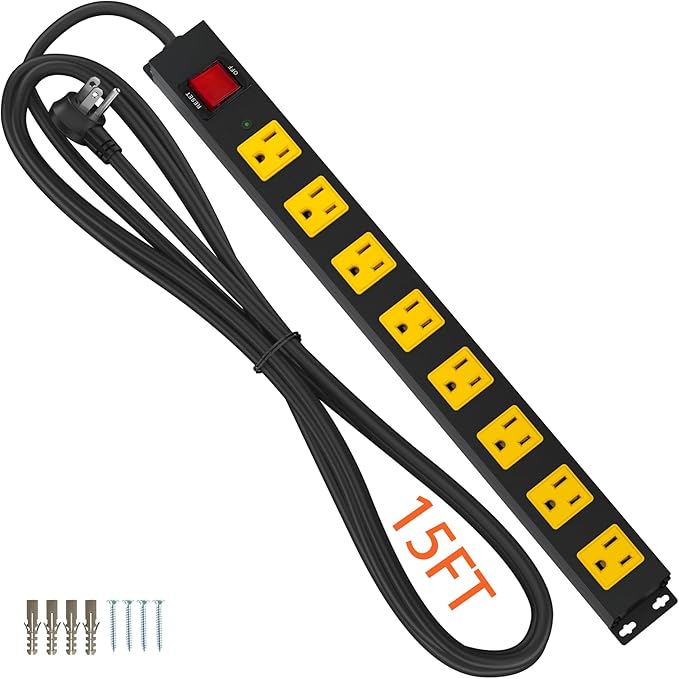Heavy Duty Surge Protector 8 Outlet Long Power Strip Extension Cord Wide Spaced and Wall Mount Metal Powerstrip for Home Office Workshop Garage (15FT)