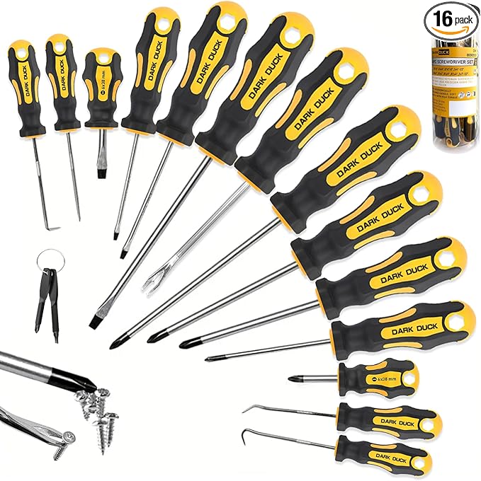 16pcs Magnetic Screwdriver Set, Chrome Vanadium Steel,Polished Finish,5 Phillips and 4 Flat Head Tips, Includes Pick & Hook Tools, for Mechanics, Construction, Carpentry