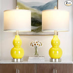 Double Gourd Ceramic Table Lamps Set of 2, Yellow Modern Bedside Lamps for Living Room, Contemporary Nightstand Desk Lamps for Bedroom End Table Home Office Decor(2 LED Bulbs Included)