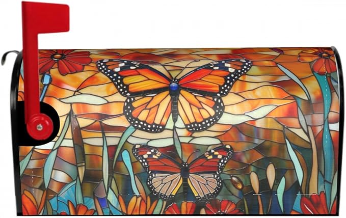 Giwawa Stained Glass Monarch Butterfly Magnetic for Fall Mailbox Cover Autumn Mail Box Covers Standard Size 18 x 21 Thanksgiving Decorations Outdoor Welcome Mailbox Wrap