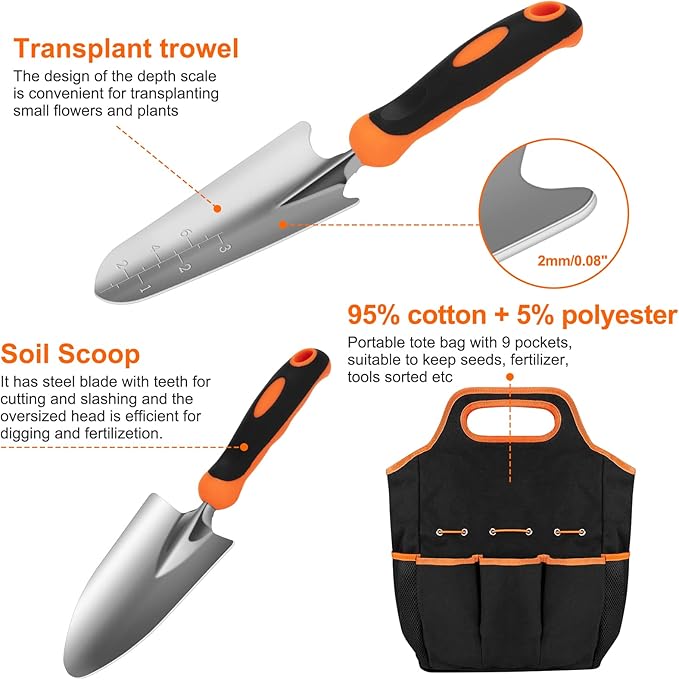 Gardening Tool Set, CHRYZTAL Stainless Steel Heavy Duty Gardening Tool Set, with Non-Slip Rubber Grip, Storage Tote Bag, Outdoor Hand Tools, Ideal Gardening Gifts for Women