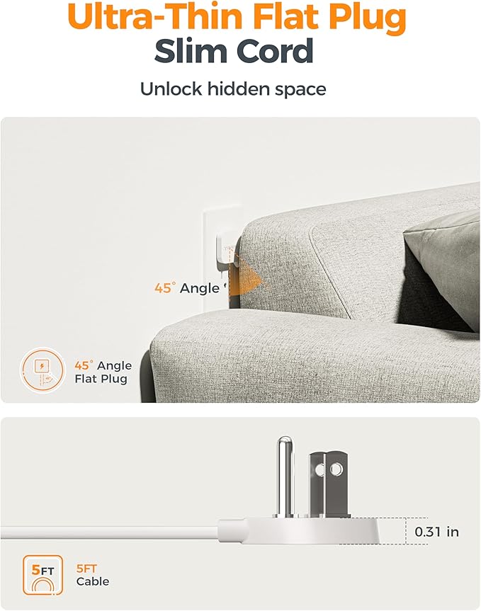 TESSAN 5 FT White Extension Cord, 900J Surge Protector Small Power Strip with 3 USB Ports (1 USB C), Flat Plug Power Strip, Mini Charging Station Suitable for Home Office Dorm