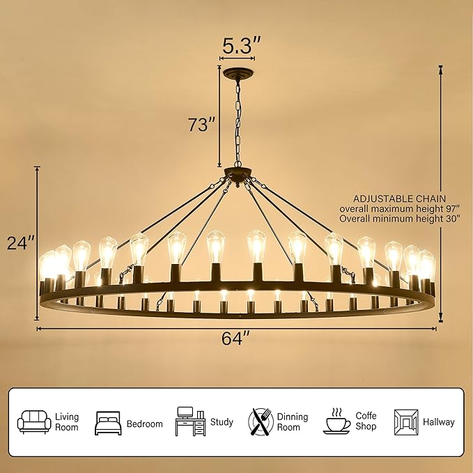 Large black wagon wheel chandelier 64 inch,36-Light Farmhouse wagon Wheel Chandeliers Round Industrial ceiling light fixtures for outdoor porch high ceilings Living Dining Room Foyer Entryway