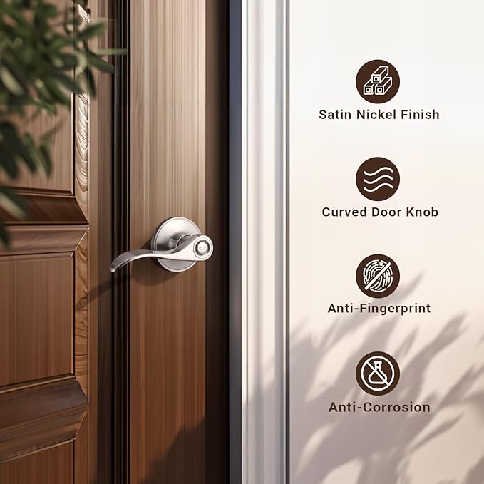 Knobonly 6 Pack Satin Nickel Privacy Door Levers Interior Door Handles for Bedroom and Bathroom Door Knobs Keyless Privacy Door Handles with Lock, Zinc Alloy Reversible for Right/Left