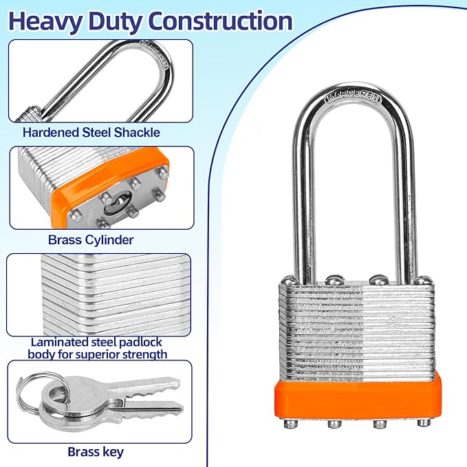 Padlocks with Same Key, LQYN 12 Pcs Laminated Keyed Padlock (1-9/16", 40mm), Keyed Alike Locks, Long Shackle, for Storage Locker, Hasp Latch, Toolbox, Sheds
