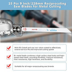 25 Pack 9 Inch 18 Tpi Reciprocating Saw Blades for Sheet Metal, Pipes, Nails Cutting, Profiles Cutting, Bi-Metal Sawzall Blades with 8% Cobalt for Longer Life and Faster Cutting Speed