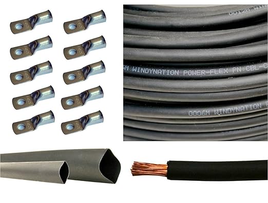 2/0 Gauge 2/0 AWG 5 Feet Black Welding Battery Pure Copper Flexible Cable + 10pcs of 3/8" Tinned Copper Cable Lug Terminal Connectors + 3 Feet Black Heat Shrink Tubing
