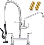 21" Height Commercial Sink Faucet Deck Mount with Pre-Rinse Sprayer, Commercial Kitchen Faucet with 8" Add-on Swing Spout Faucet & Spring Pull Down Sprayer, 8" Adjustable Center Kitchen Faucet